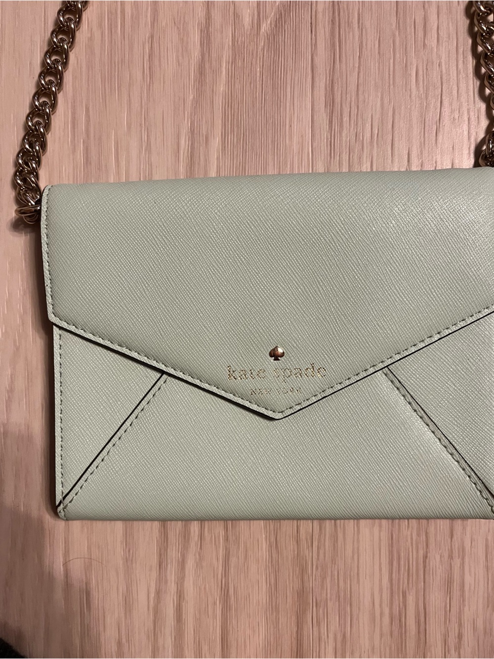 kate spade mint green envelope crossbody wallet with gold chain
